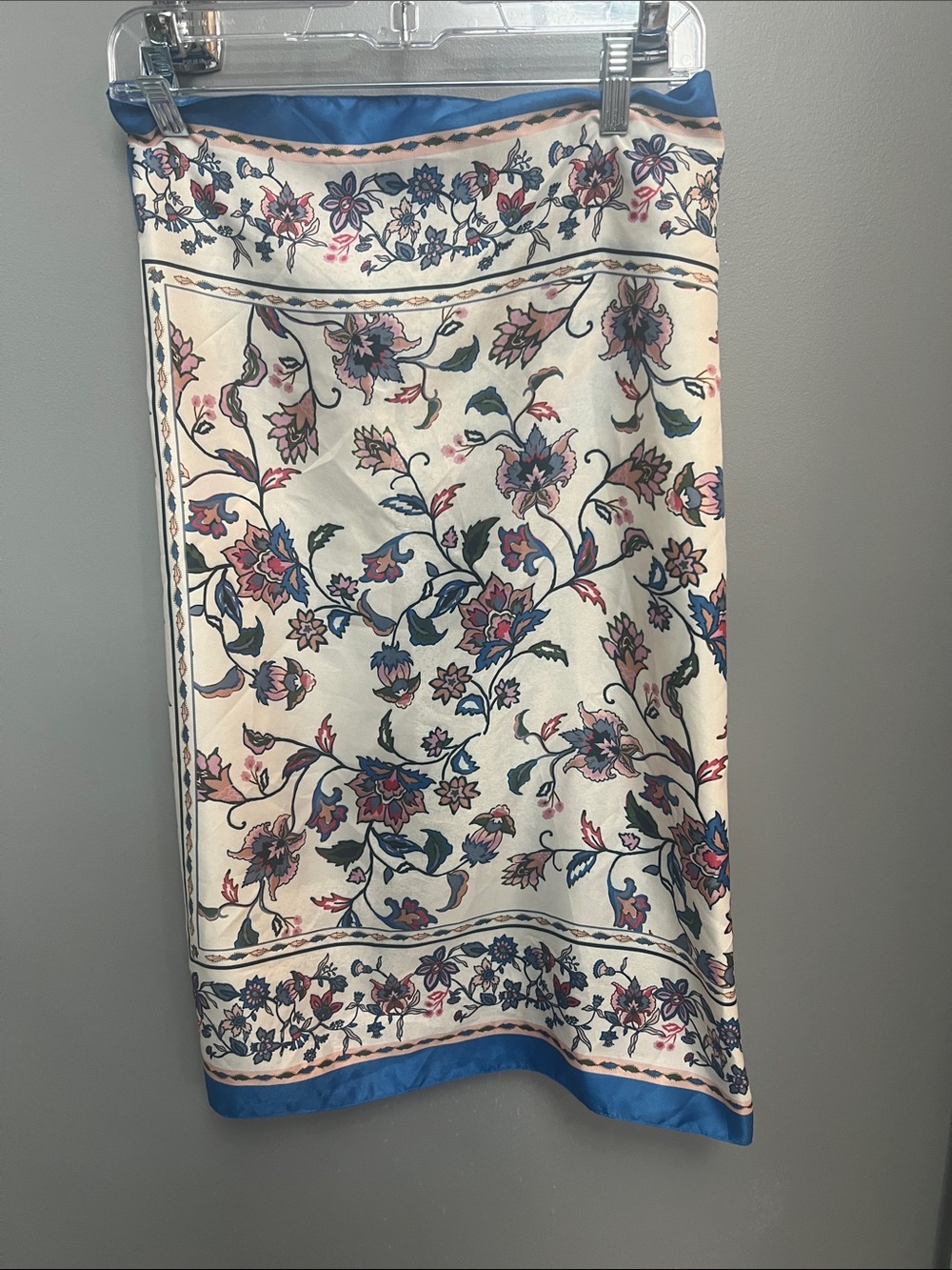 Mango Floral Silk-Feel Cream Scarf with Blue and Pink Accents
